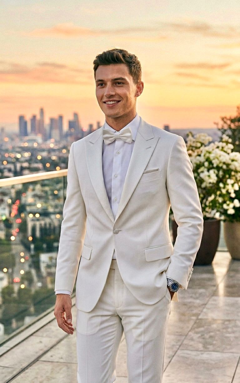 Model wearing a statement all-white slim-cut suit with a white bowtie