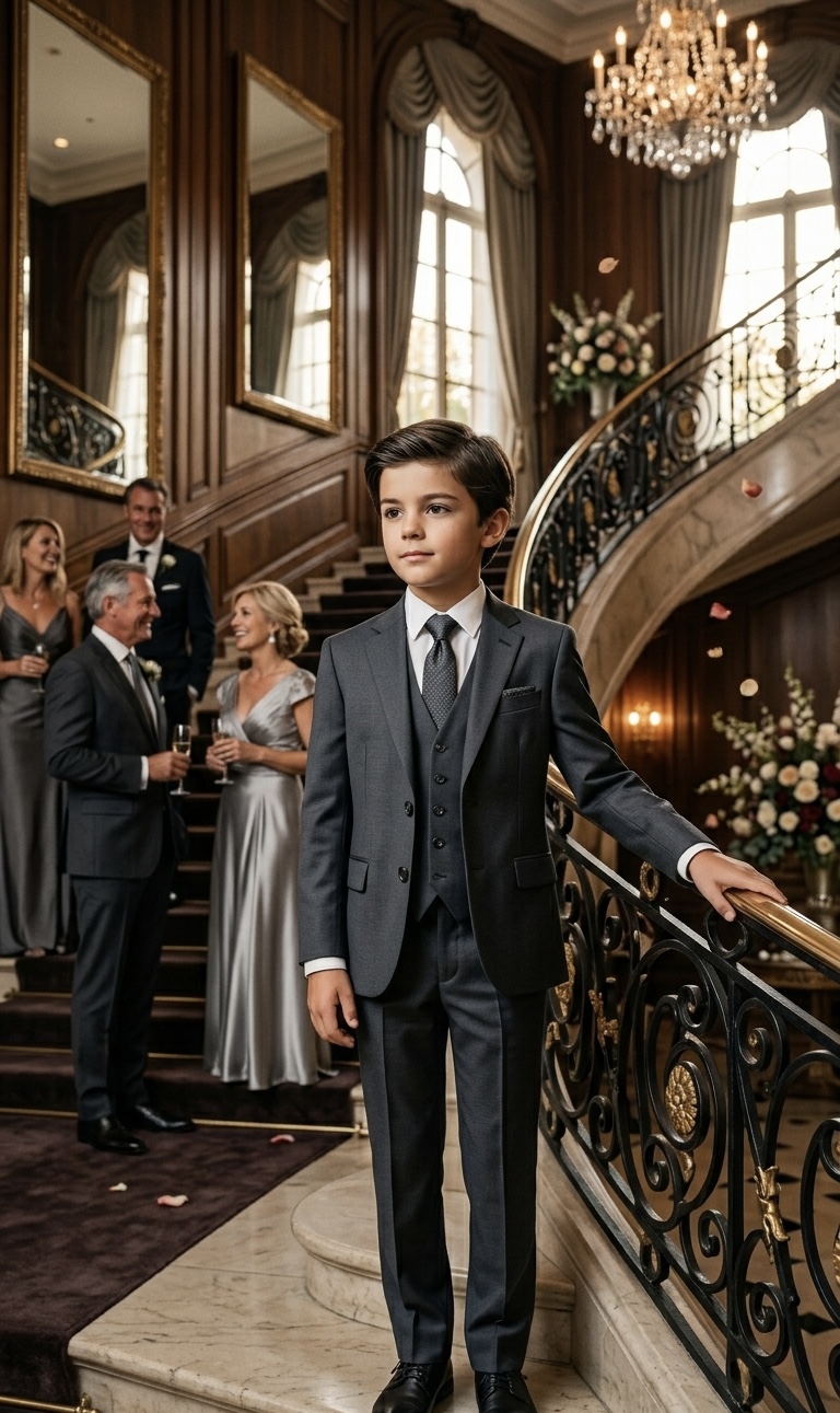Young boy dressed in a sharp charcoal grey formal suit