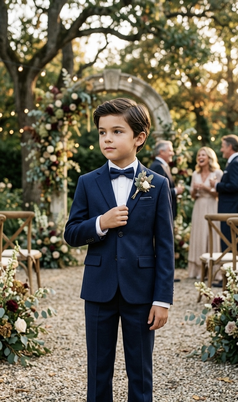Young boy wearing a classic navy blue suit for formal events