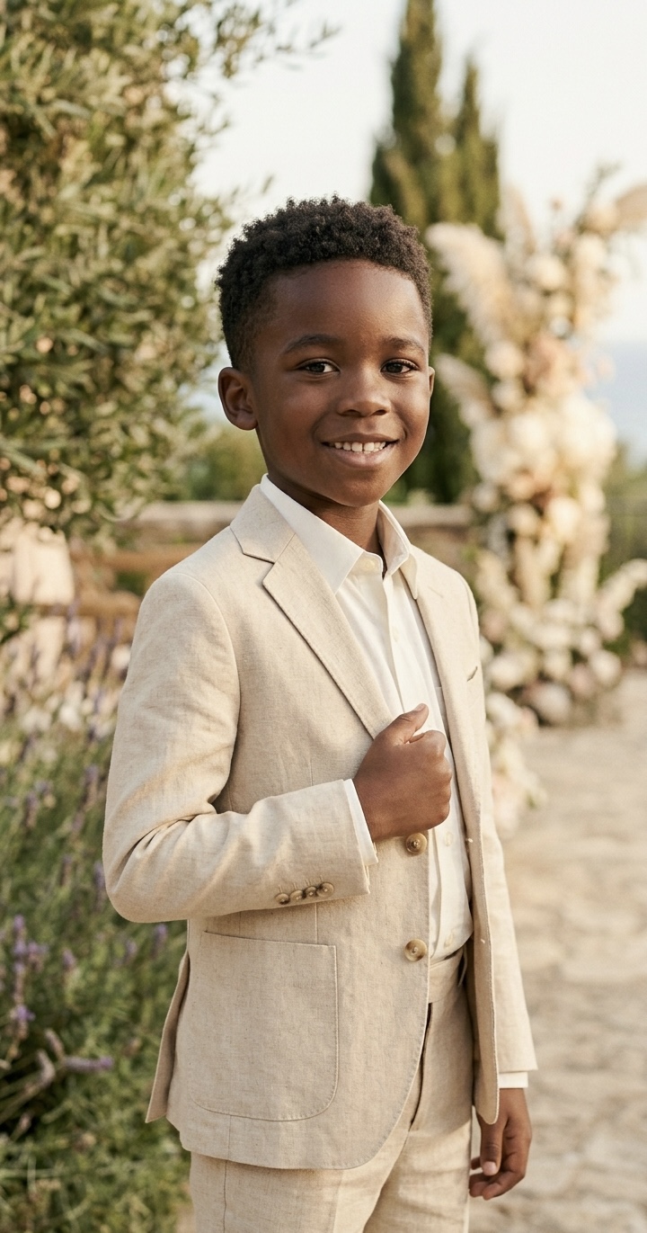 Child wearing a light champagne linen suit for summer and outdoor events
