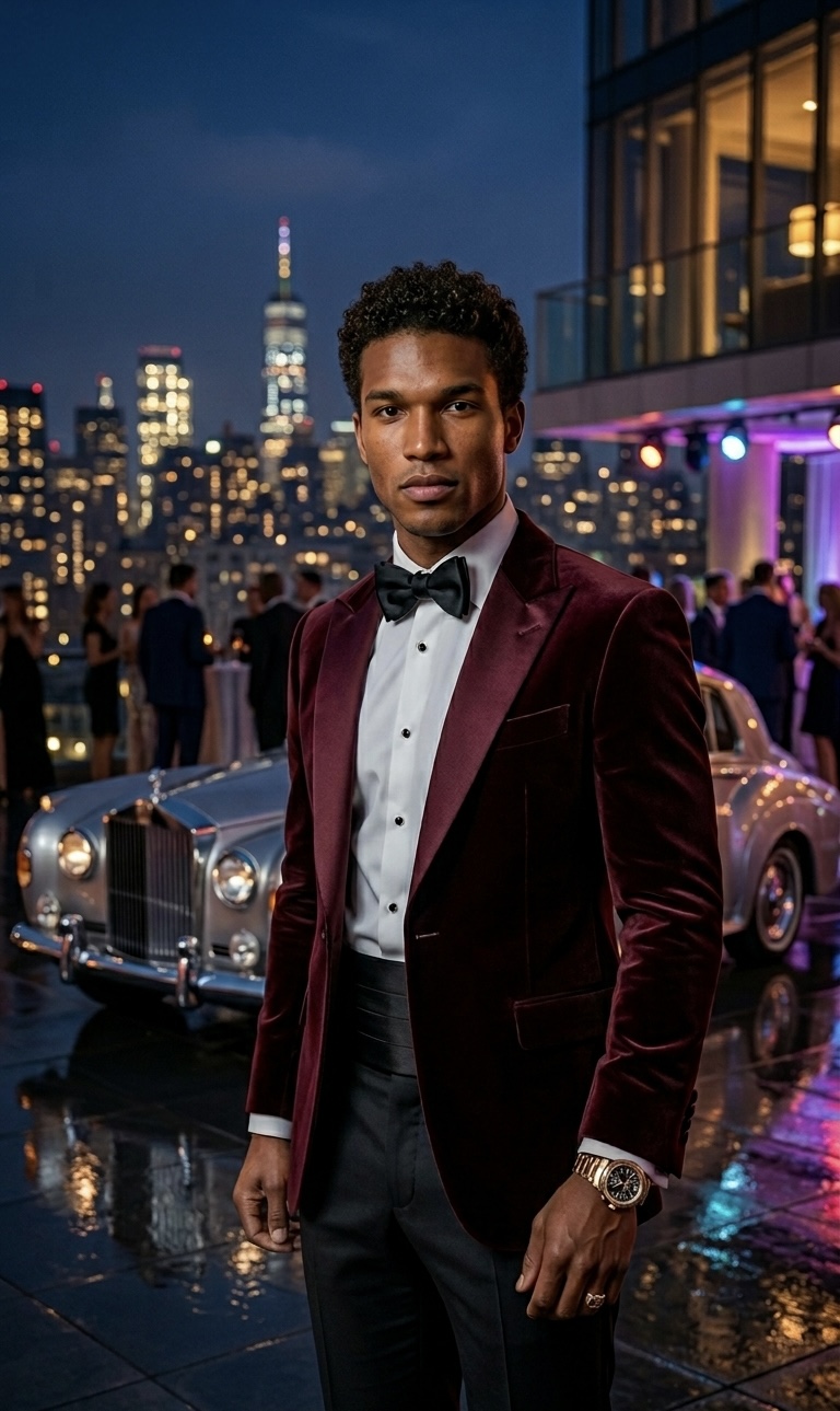 Model wearing a rich deep burgundy peak lapel tuxedo