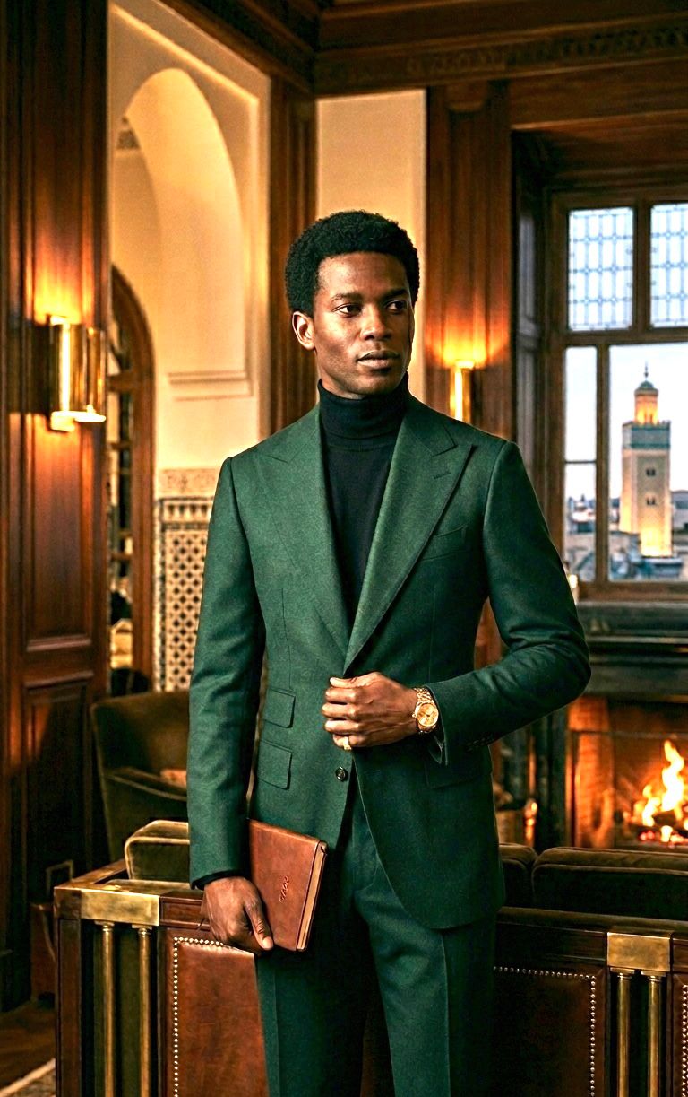 Model wearing a premium contemporary emerald green tuxedo suit with a black peak lapel