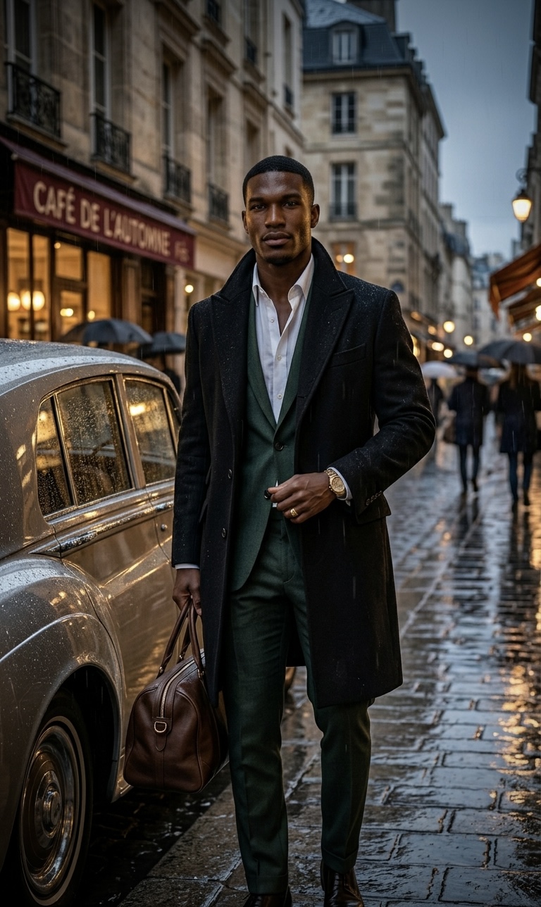 Man in a contemporary hunter green tuxedo suit