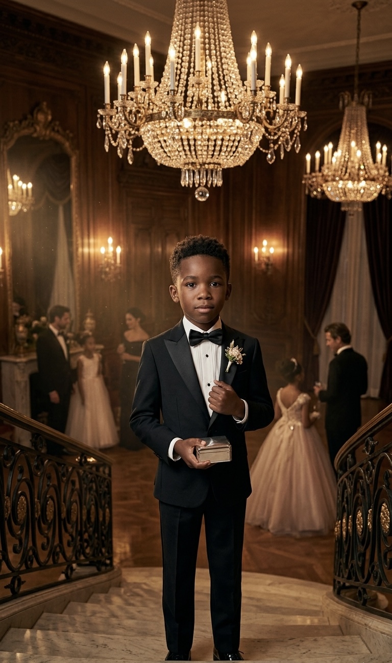 Toddler wearing a mini black-tie tuxedo with a bowtie