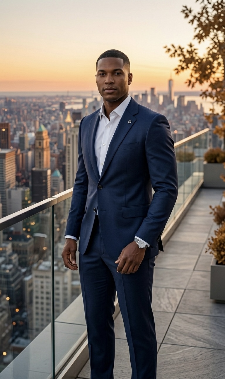 Client wearing a deep navy blue shadow modern cut suit