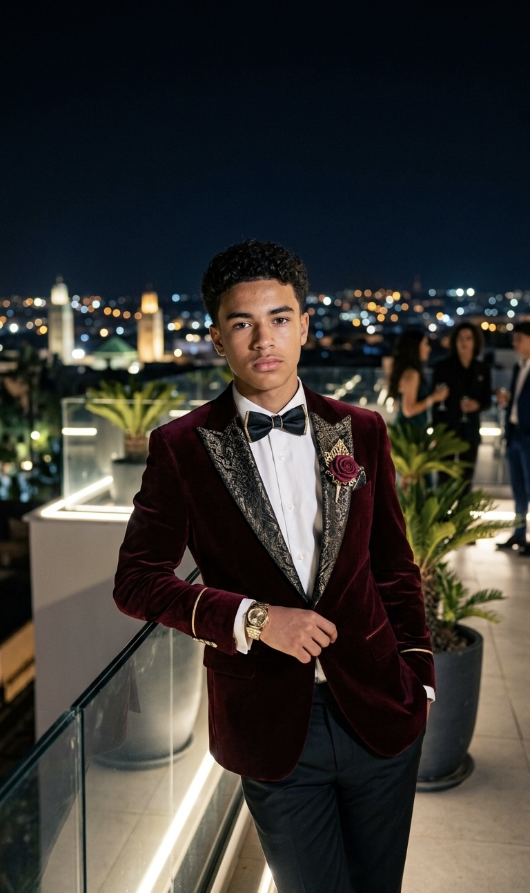 Young man in a stylish burgundy, black, and gold prom royale suit