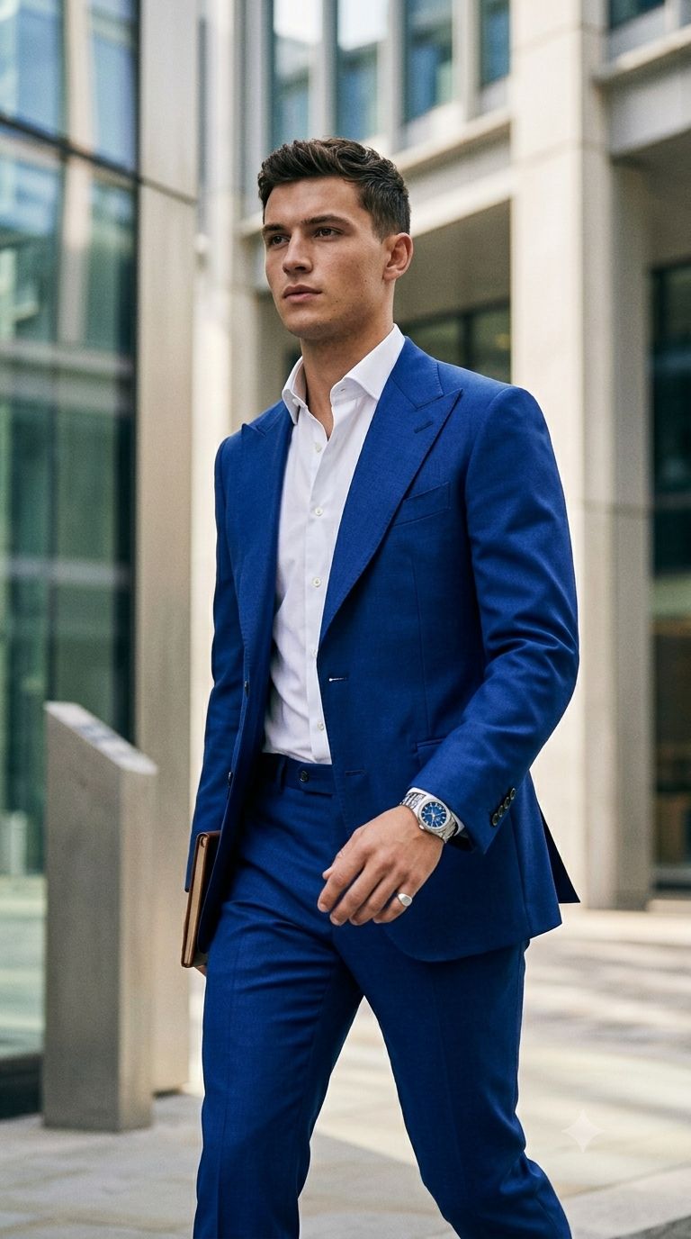 Model posing in a vibrant and modern royal blue tuxedo suit with black lapels